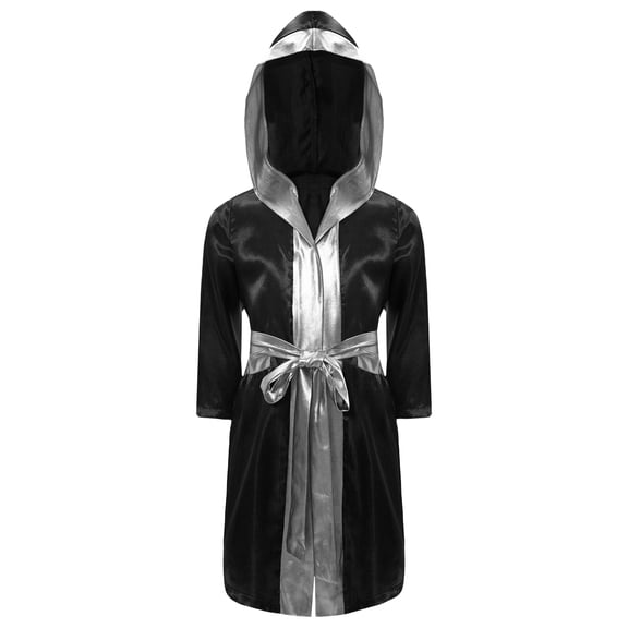 TTAO Boys Boxing Robe Long Sleeve Metallic Hooded Boxer Cloak with Belt Set Boxing Match Clothes Black&Silver 12