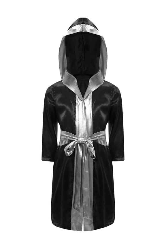 Boys Boxing Robe Long Sleeve Metallic Hooded Boxer Cloak with Belt Set Boxing Match Clothes Black&Silver 12