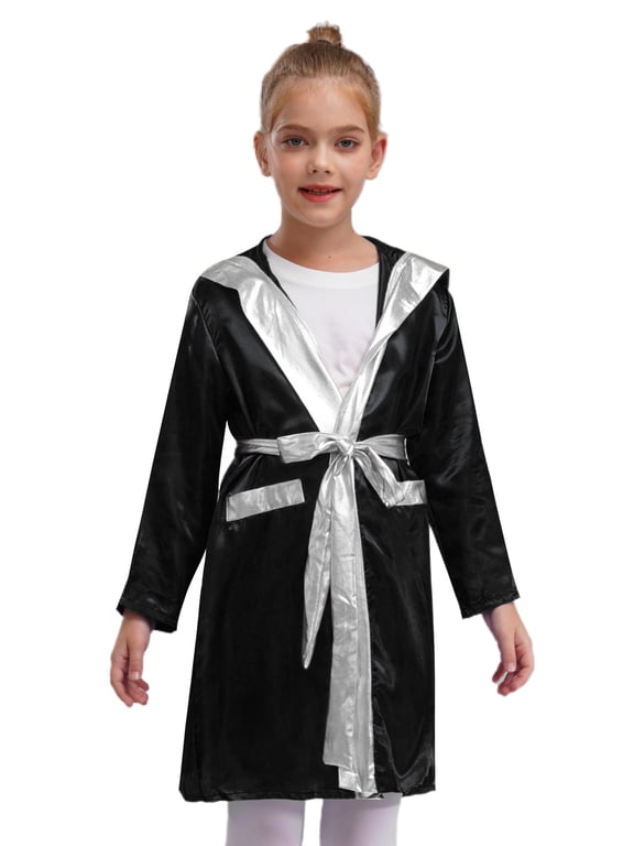 Boys Boxing Robe Long Sleeve Metallic Hooded Boxer Cloak with Belt Set Boxing Match Clothes Black&Silver 12