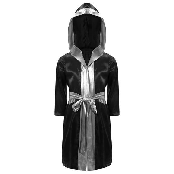 TTAO Boys Boxing Robe Long Sleeve Metallic Hooded Boxer Cloak with Belt Set Boxing Match Clothes Black&Silver 16