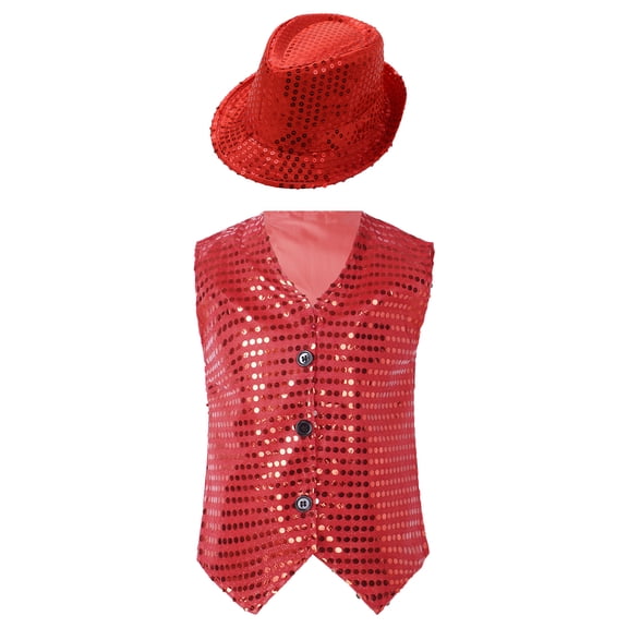 TTAO Boys Girls Choir Jazz Dance Stage Performance Fancy Jacket Sparkly Vest Top Button Down Waistcoat Party Costume Red 9-10