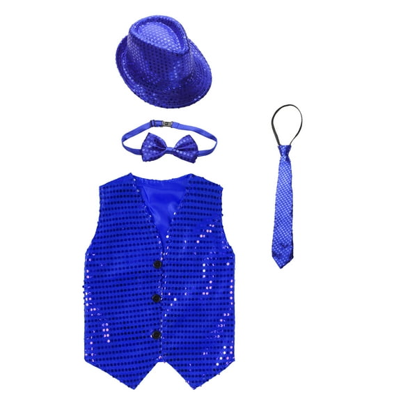 TTAO Boys Girls Sparkly Vest Jacket Hip Hop Jazz Latin Street Choir Dance Performance Waistcoat with Hat Set Blue 18-24 Months