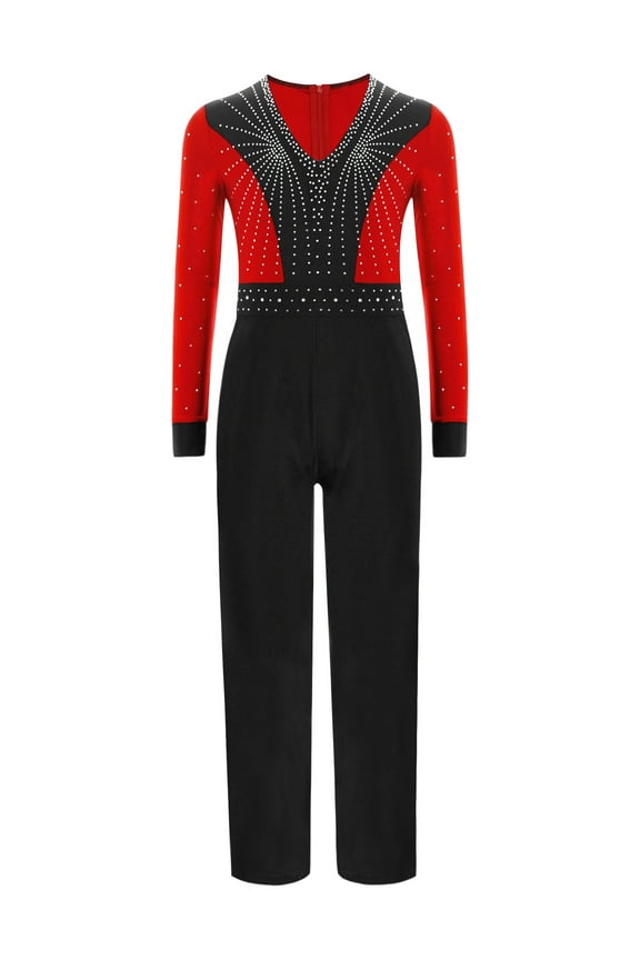 Boys Glittery Gymnastics Leotards Bodysuits Long Sleeve Full Body Latin Dance Jumpsuit Tumbling Outfits Red 14
