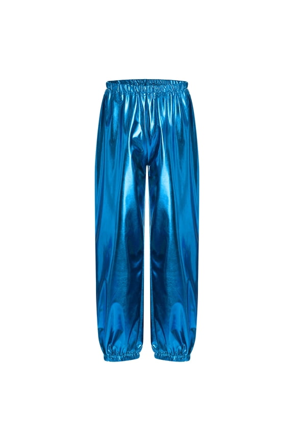 Children Kids Tumbling Metallic Dance Trousers Loose Jogger Pants for Girls Boys Hip Hop Light Blue 170