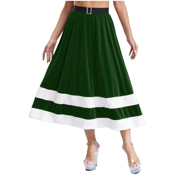 TTAO Christmas Santa Claus Maxi Skirt for Women Velvet Swing Skirt Xmas Performance Party Dancewear Green M
