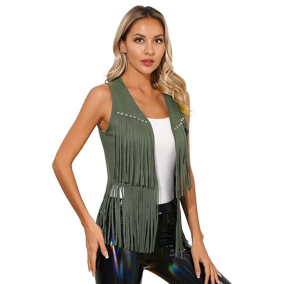 TTAO Cowgirl Outfit for Women Fringed Waistcoats with Cowboy Hat Country Concert Outfit Army Green S