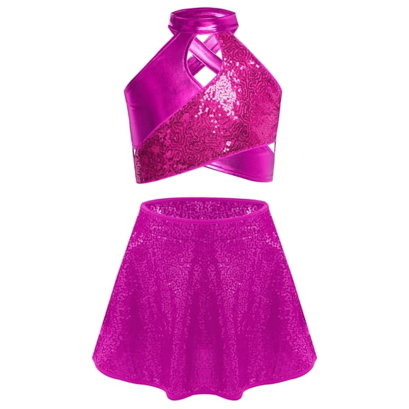 TTAO Cross Keyhole Girls Dance Set Sparkly Sequins Metallic Crop Top Sequin Skirt for Kids Jazz Latin Performance Hot Pink 6
