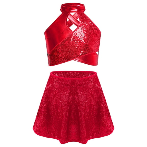 TTAO Cross Keyhole Girls Dance Set Sparkly Sequins Metallic Crop Top Sequin Skirt for Kids Jazz Latin Performance Red 14