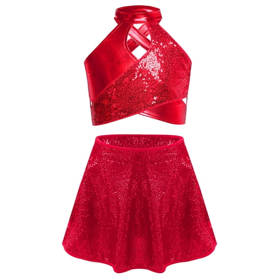 TTAO Cross Keyhole Girls Dance Set Sparkly Sequins Metallic Crop Top Sequin Skirt for Kids Jazz Latin Performance Red 8