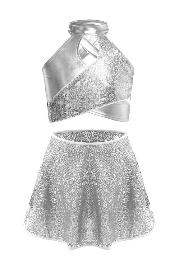 Cross Keyhole Girls Dance Set Sparkly Sequins Metallic Crop Top Sequin Skirt for Kids Jazz Latin Performance Silver 14
