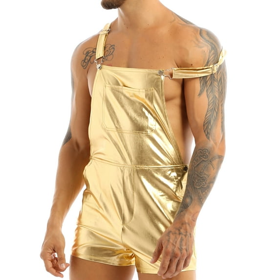 TTAO Fashion Bib Overalls for Men Shiny Metallic Suspender Shorts Bodysuit Rave Party Costume Gold XXL