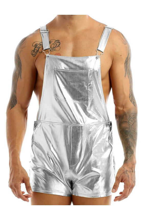 Fashion Bib Overalls for Men Shiny Metallic Suspender Shorts Bodysuit Rave Party Costume Silver 3XL