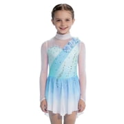 TTAO Figure Ice Skating Dress for Girls Sparkly Diamond Long Sleeve Gymnastic Leotard Lyrical Ballet Dance Dress Dancewear Light Blue 14