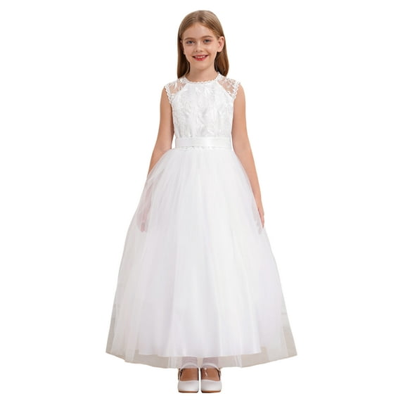 TTAO First Communion Dress for Girls Wedding Sleeveless White Lace Tulle A Line Flower Girl Dress White 12