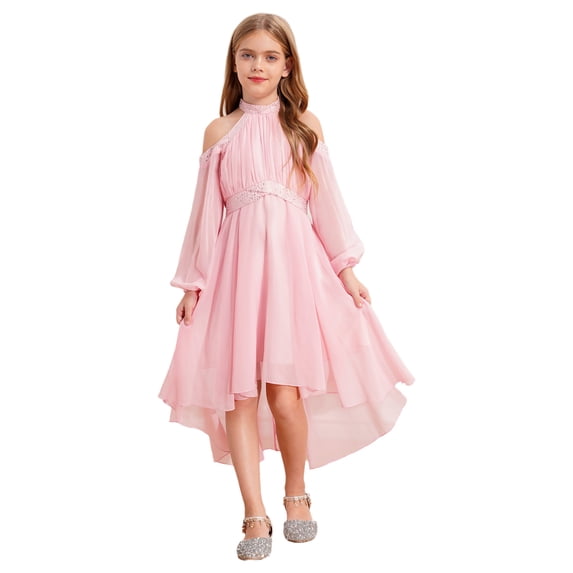 TTAO Flower Girl Chiffon Dress Girls Rhinestone Off Shoulder Long Sleeve High Low Dress Pageant Gown Pink 12