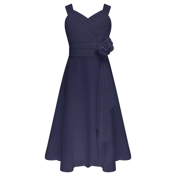 TTAO Flower Girls 3D Applique Formal Dress Chiffon Sleeveless Bridesmaid Wedding Party Evening Gown Navy Blue 16