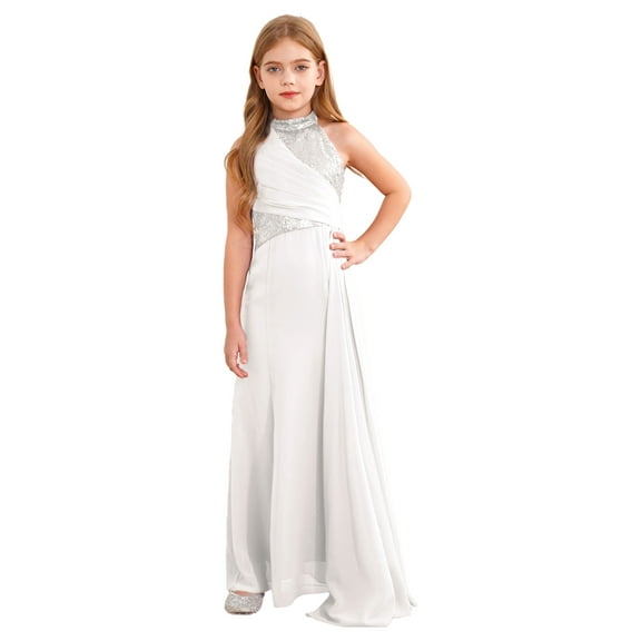TTAO Flower Girls Halter Neck Princess Pageant Maxi Dress Kids Sparkly Wedding Party Prom Ball Gown Ivory 12