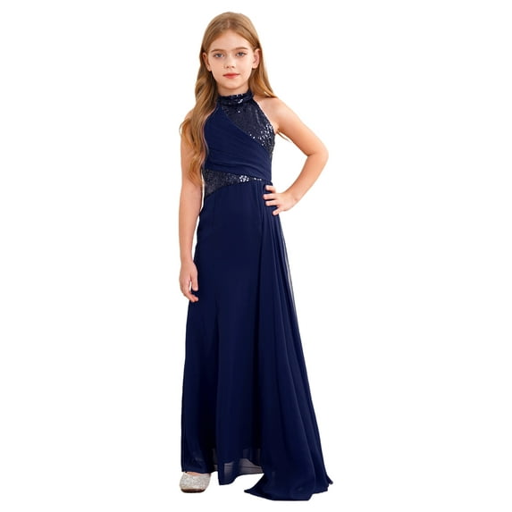 TTAO Flower Girls Halter Neck Princess Pageant Maxi Dress Kids Sparkly Wedding Party Prom Ball Gown Navy Blue 10