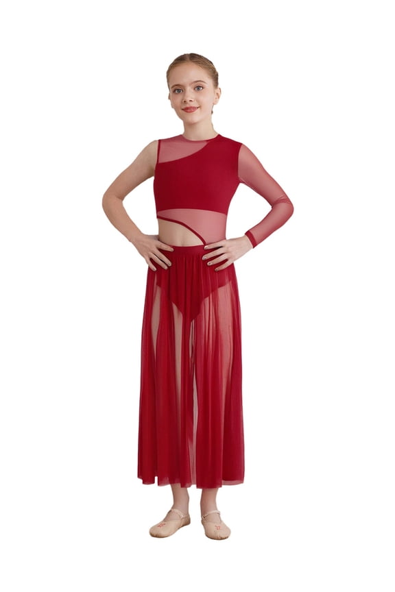 Flowy Skirt for Girls Ballroom Dance Dress Sides Split Contemporary Dancewear Lyrical Ballet Leotard Dress Burgundy 6