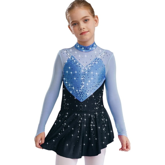 TTAO Girl's Jazz Latin Ballet Dance Tutu Dress Figure Ice Skating Sparkly Dancewear Gymnastics Costumes Blue 12
