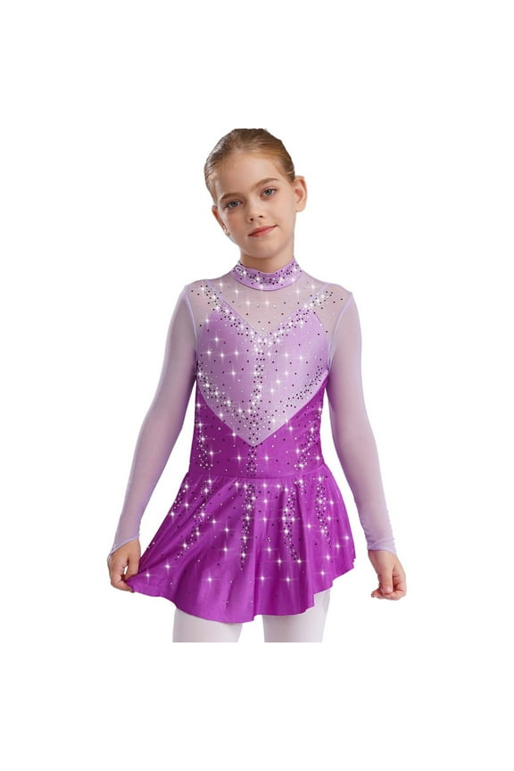 Girl's Jazz Latin Ballet Dance Tutu Dress Figure Ice Skating Sparkly Dancewear Gymnastics Costumes Purple 8