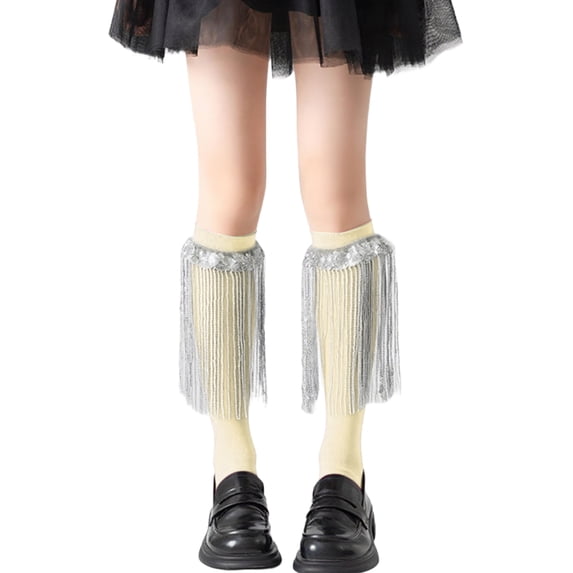 TTAO Girl's Sparkling Tassels Knee High Socks 1 Pair Dance Accessories 3-12T Ruffle Overknee Stockings Beige 3-12
