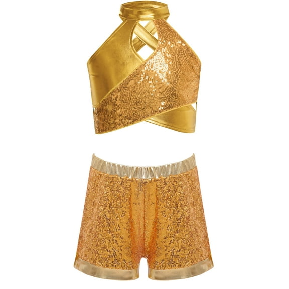 TTAO Girl's Street Dancing Outfits Sparkle Crop Top with Shorts Hip Hop Jazz Dance Clothes Cheerleading Uniform Gold 16