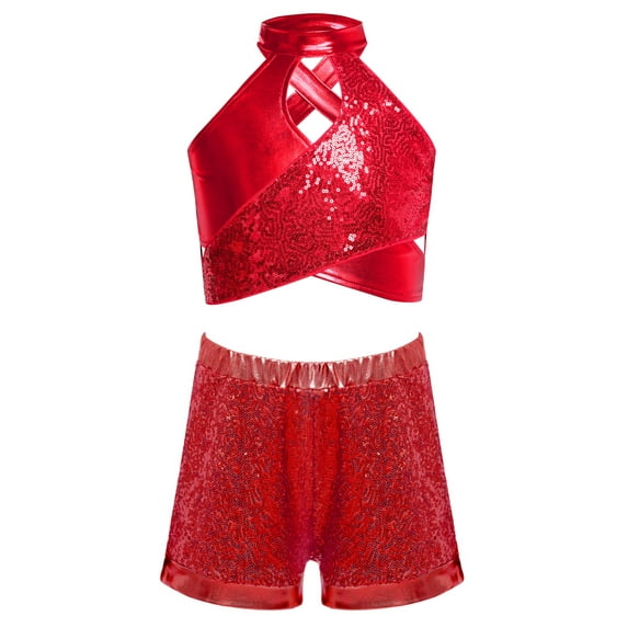TTAO Girl's Street Dancing Outfits Sparkle Crop Top with Shorts Hip Hop Jazz Dance Clothes Cheerleading Uniform Red 12