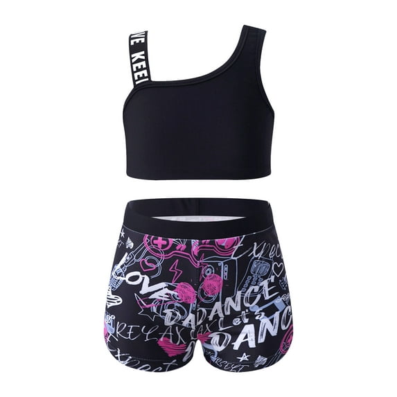 TTAO Girls 2 Piece Swimsuit Crop Tank Top with Booty Shorts Rash Guard Swim Set for Pool Swimming Black Music 12