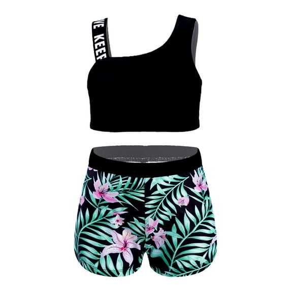 TTAO Girls 2 Piece Swimsuit Crop Tank Top with Booty Shorts Rash Guard Swim Set for Pool Swimming Green Lily 12