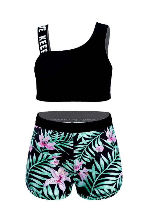 Girls 2 Piece Swimsuit Crop Tank Top with Booty Shorts Rash Guard Swim Set for Pool Swimming Green Lily 8