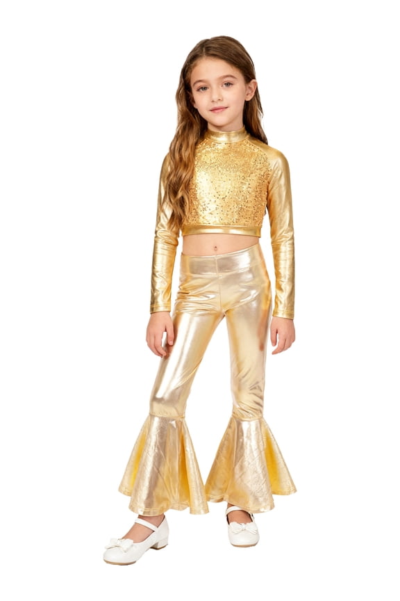 Girls 2-piece Hip Hop Dance Outfits Set Metallic Jazz Disco Theme Party Wear Birthday Prom Ballroom Dancing Outfits Gold 14