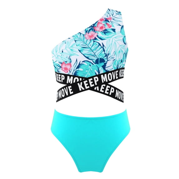 TTAO Girls 2Piece Bikini Set Quickly Dry Swimwear One Shoulder Swim Top with Bottoms Swimsuit Green Palm Leaf 12