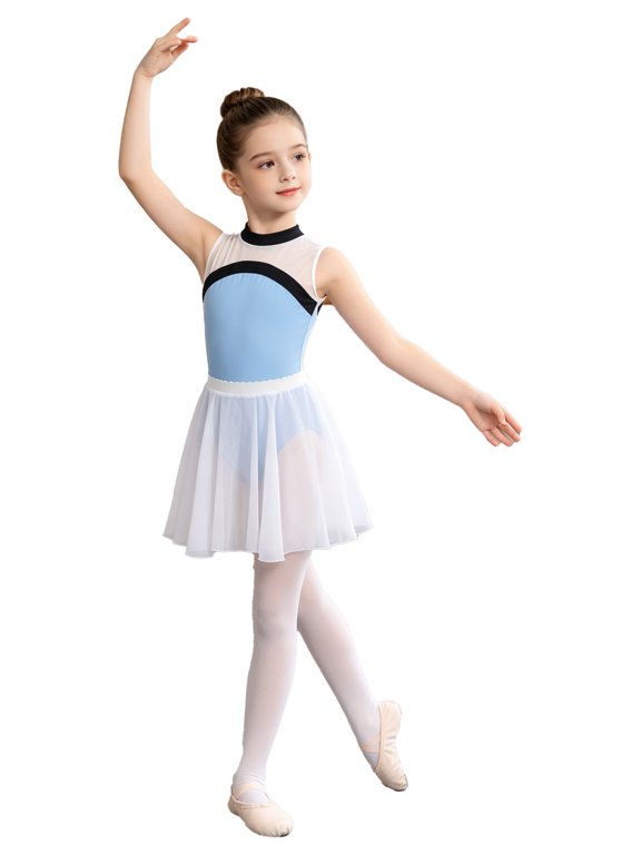 Girls 2pcs Gymnastic Leotard Sets Ballet Tutu Princess Dance Dress for Figure Skating Training Light Blue 110/S