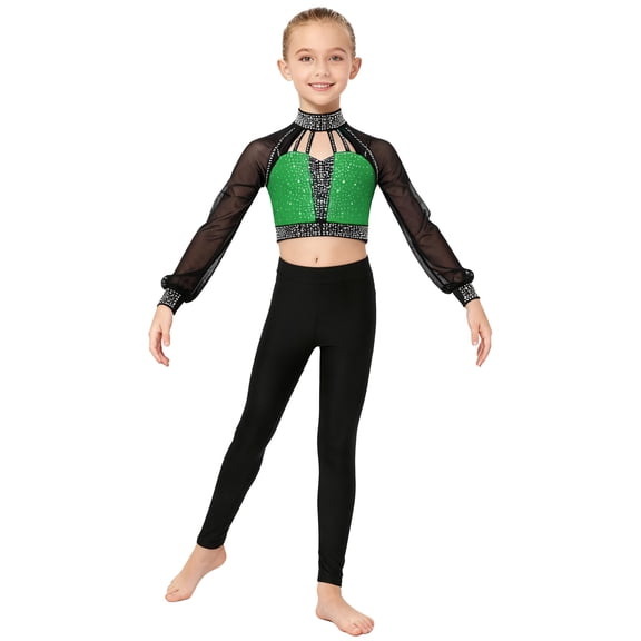 TTAO Girls 2pcs Sparkle Gymnastics Dance Outfits Long Sleeve Mock Neck Backless Crop Top with Leggings Ice Skating Set Green 16