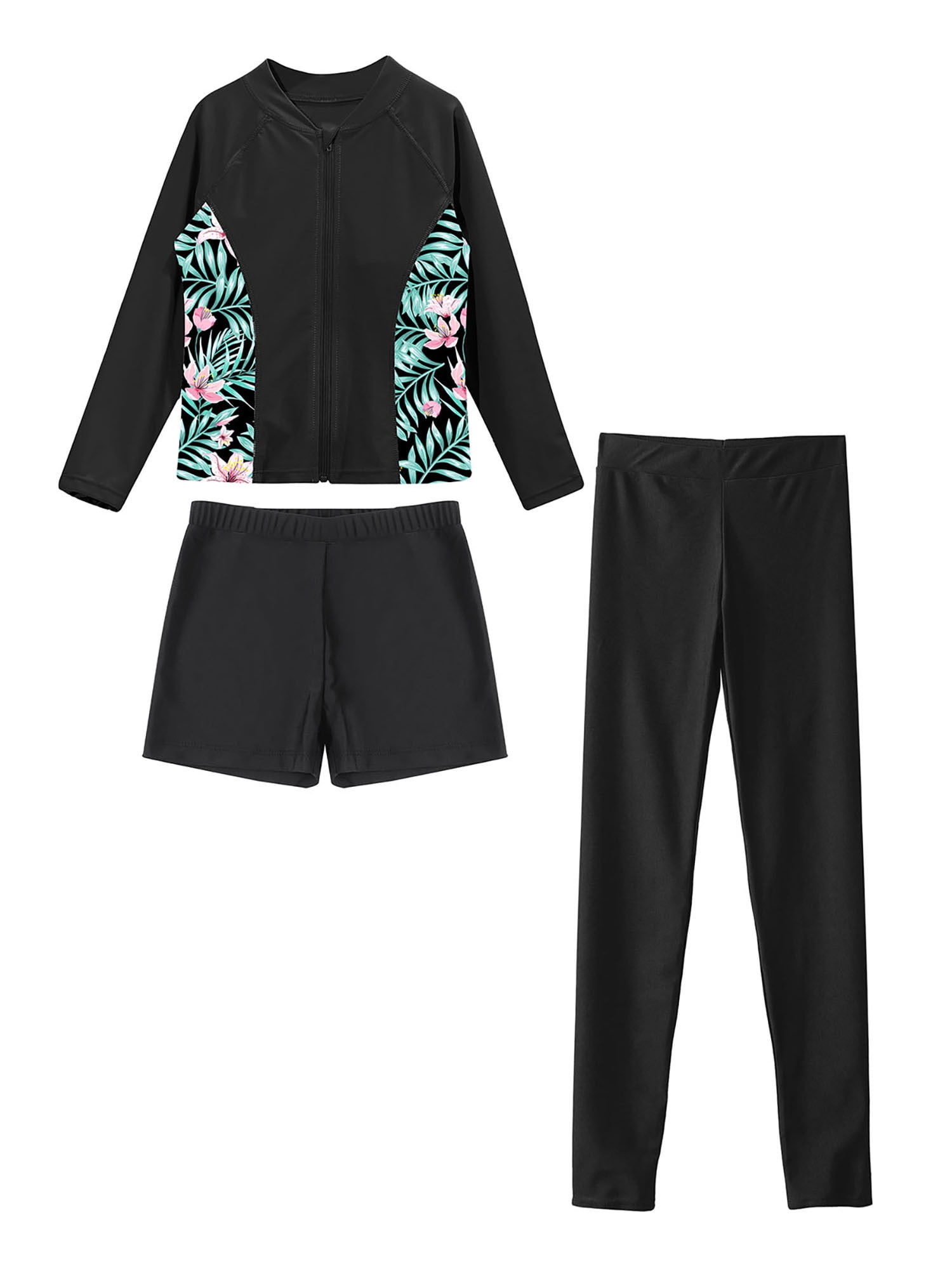 TTAO Girls 3 Piece Bathing Suit Quickly Dry Long Sleeve Swim Tops with