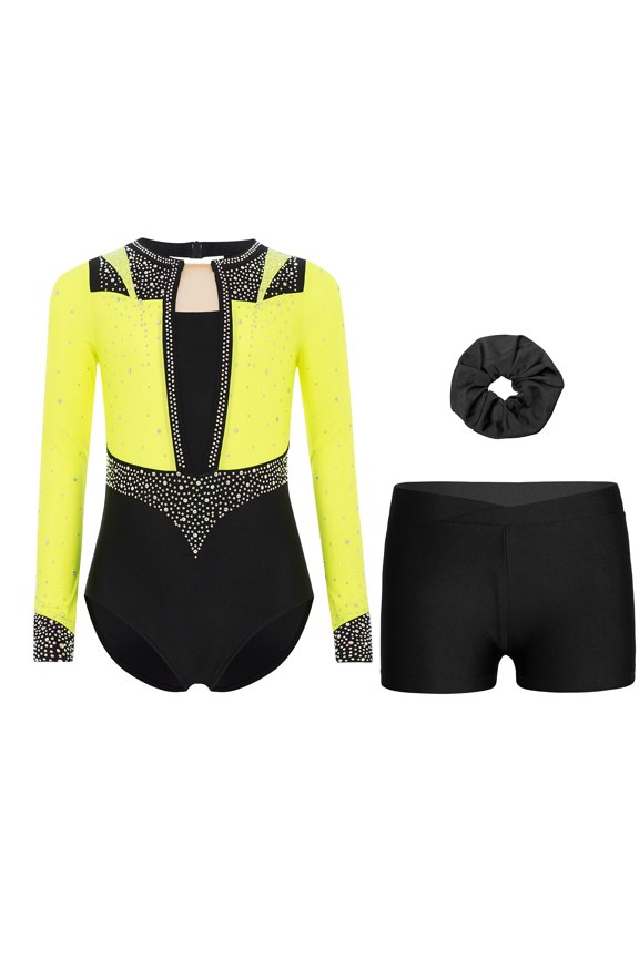 Girls Ballet Dance Set Gymnastics Leotards with Shorts Matching Hair Scrunchie Athletic Bodysuit Tank Unitards Fluorescent Yellow Black 14