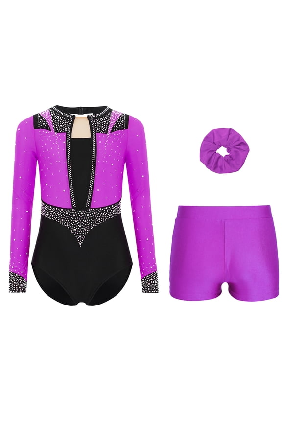 Girls Ballet Dance Set Gymnastics Leotards with Shorts Matching Hair Scrunchie Athletic Bodysuit Tank Unitards Purple 16