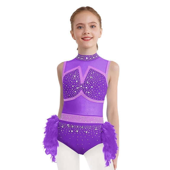 TTAO Girls Ballet Leotard Modern Gymnastics Jazz Dance Outfit Kids Sleeveless Feather Skirt Rhinestone Bodysuit Purple 10