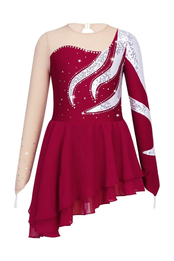 Girls Ballet Lyrical Dance Dress Asymmetrical Gymnastic Figure Ice Skating Performance Costume Burgundy 10