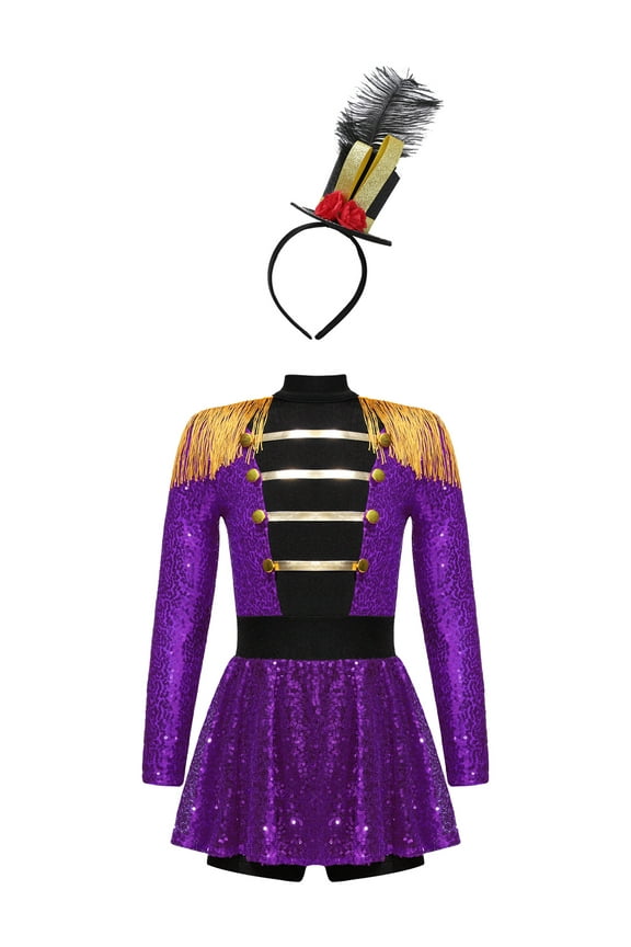 Girls Carnival Party Circus Ringmaster Costume Sequins Tassel Long Sleeve Leotard Dress with Purple 14
