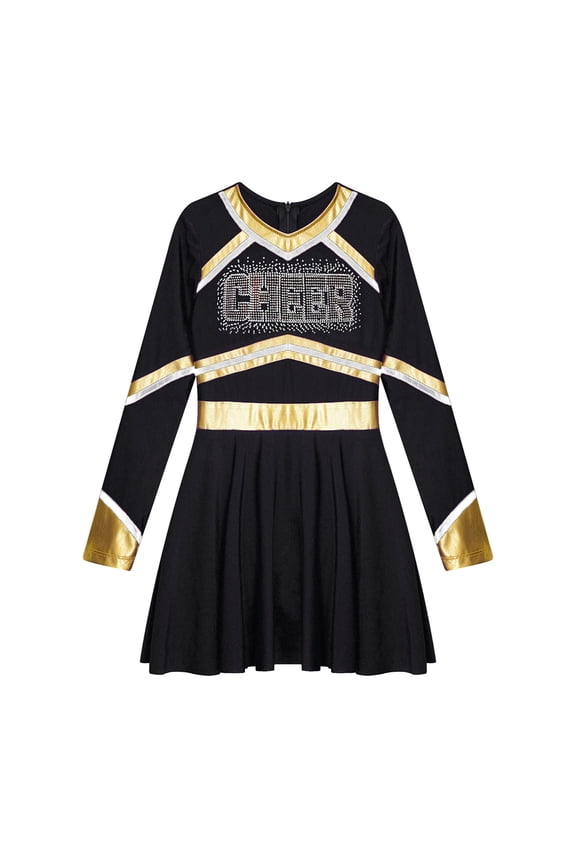 Girls Cheer Leader Sparkly Long Sleeve Cheerleading Dance Dress Uniform for Musical Festival Black 8