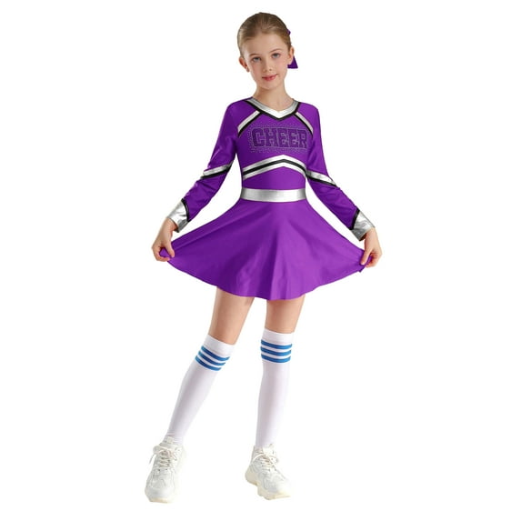 TTAO Girls Cheer Leader Sparkly Long Sleeve Cheerleading Dance Dress Uniform for Musical Festival Purple 10
