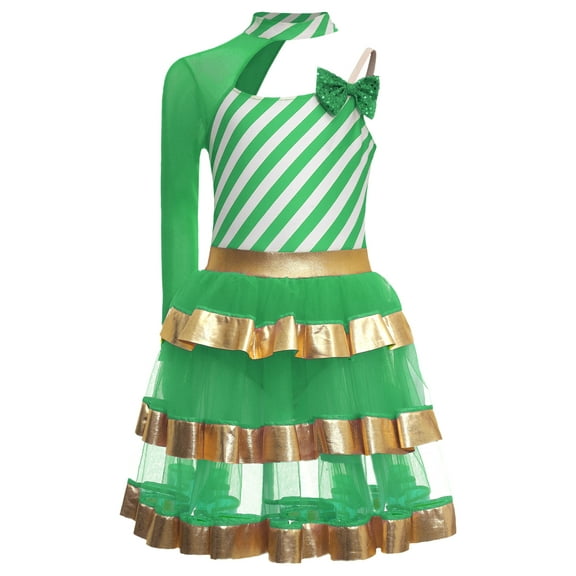 TTAO Girls Christmas Dance Tutu Candy Cane Striped Asymmetrical Shoulder Long Sleeve Party Dress Green 6