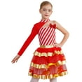 thumbnail image 1 of TTAO Girls Christmas Dance Tutu Candy Cane Striped Asymmetrical Shoulder Long Sleeve Party Dress Red 12, 1 of 7