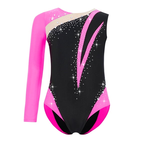 TTAO Girls Color Block Gymnastic Practice Clothes Ballet Dance Outfit One Piece Tumbling Unitard Biketard Hot Pink 12