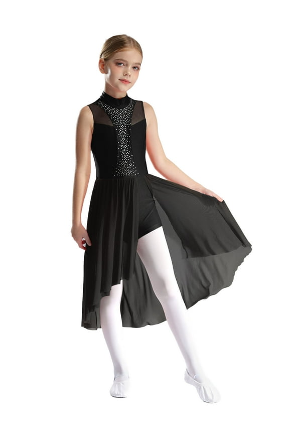 Girls Dance Dress Figure Skating Unitard Bodysuit Sleeveless Rhinestone Hollow Back Jumpsuit Overalls Black 16