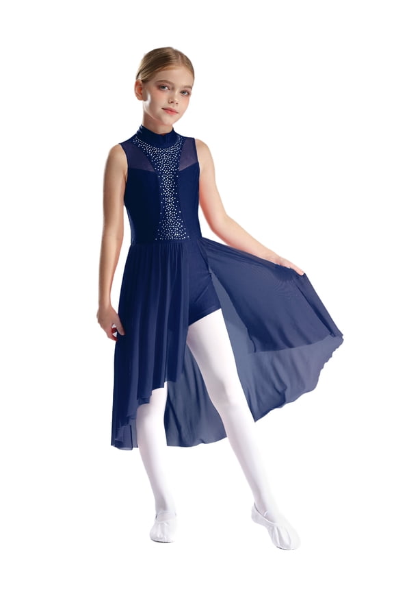 Girls Dance Dress Figure Skating Unitard Bodysuit Sleeveless Rhinestone Hollow Back Jumpsuit Overalls Navy Blue 6