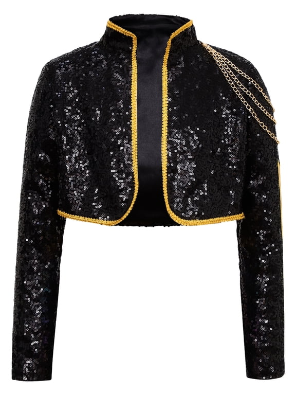 Girls Demon Popular Singer Coat Sequin Cropped Jacket Sparkly Long Sleeve Stagewear Black 8