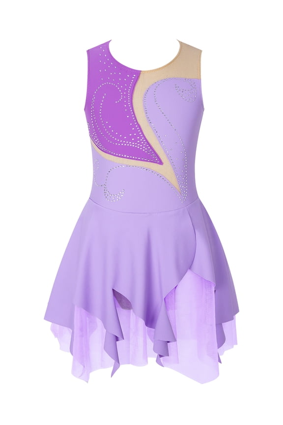 Girls Figure Skating Dress Shiny Ballet Dance Gymnastic Leotard Competition Costume 6-16 Years Lavender 6